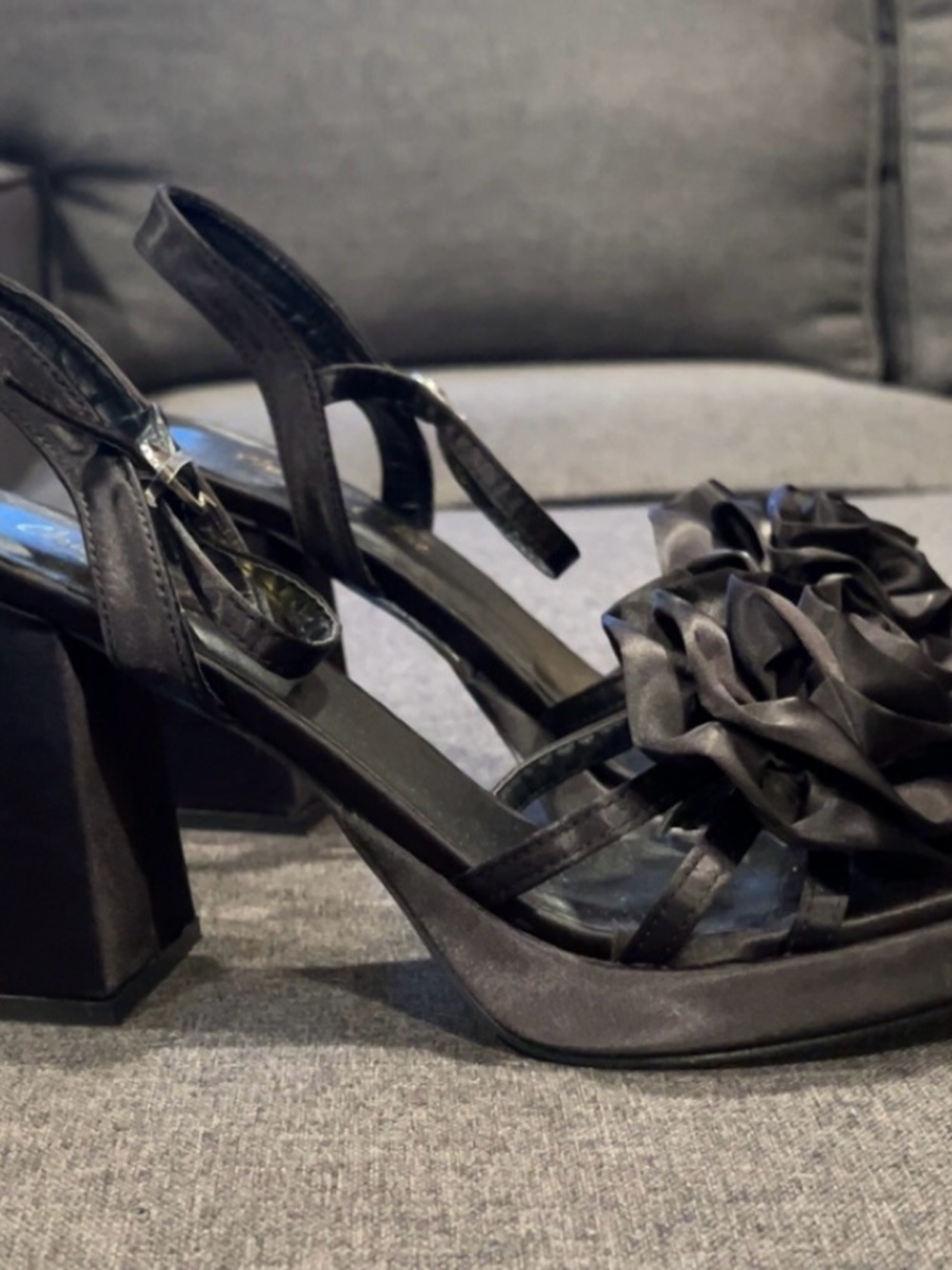 Chase + Chloe Black Satin Floral Block Heel Sandals